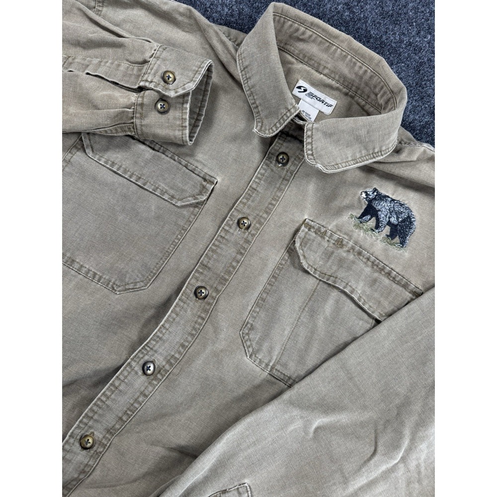 VTG Sportif Bear Embroidered Button Up Shirt XL Beige Outdoor Hiking